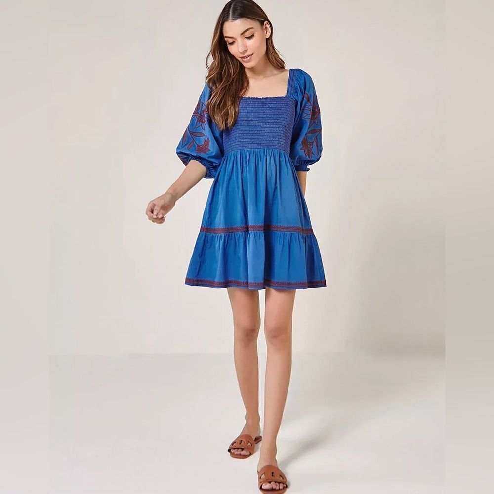Blue Smocked Square-Neck Mini Dress